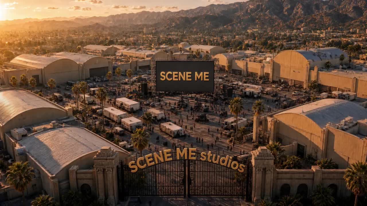 Vista aérea del backlot de Scene Me Studios a la hora dorada