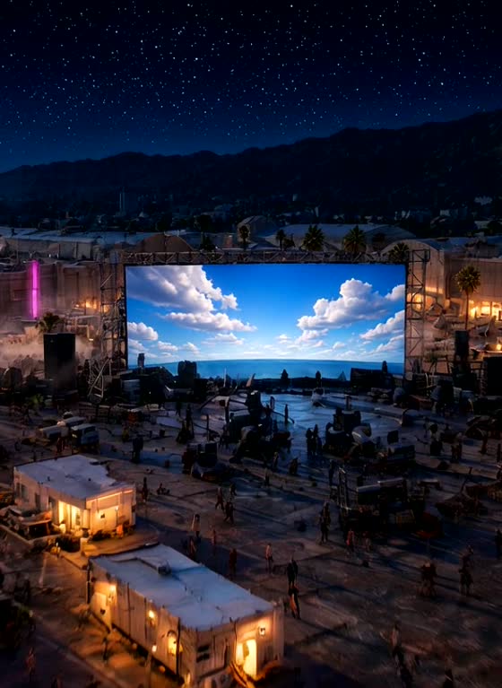 Backlot de noche bajo las estrellas con luces de neón