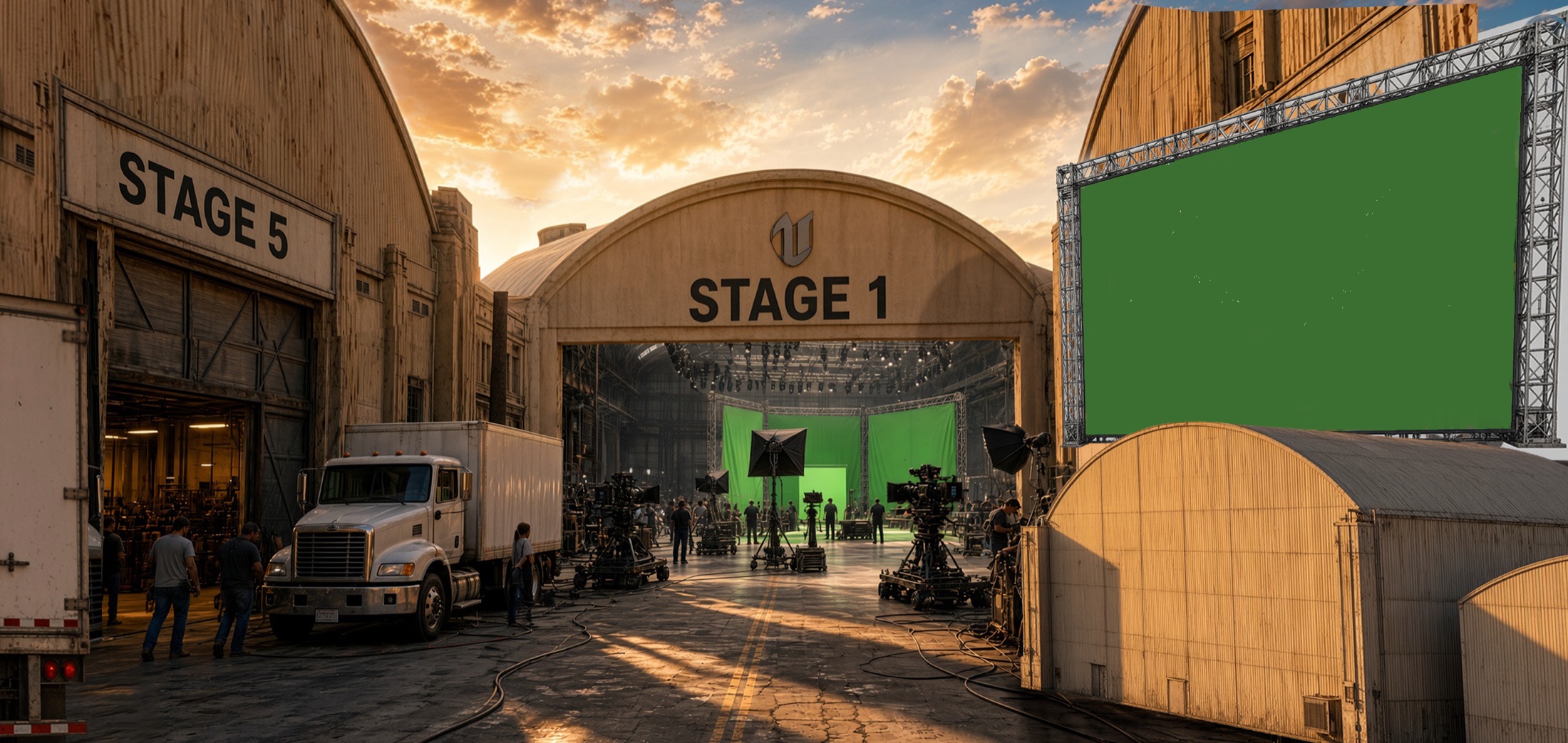Patio de Scene Me Studios: el Stage 5 a la izquierda, el Stage 1 al fondo y la gran pantalla de la comunidad a la derecha